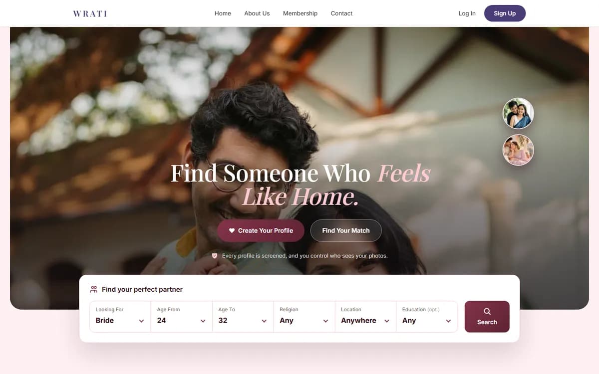 Wrati Matrimony homepage at wrati.app